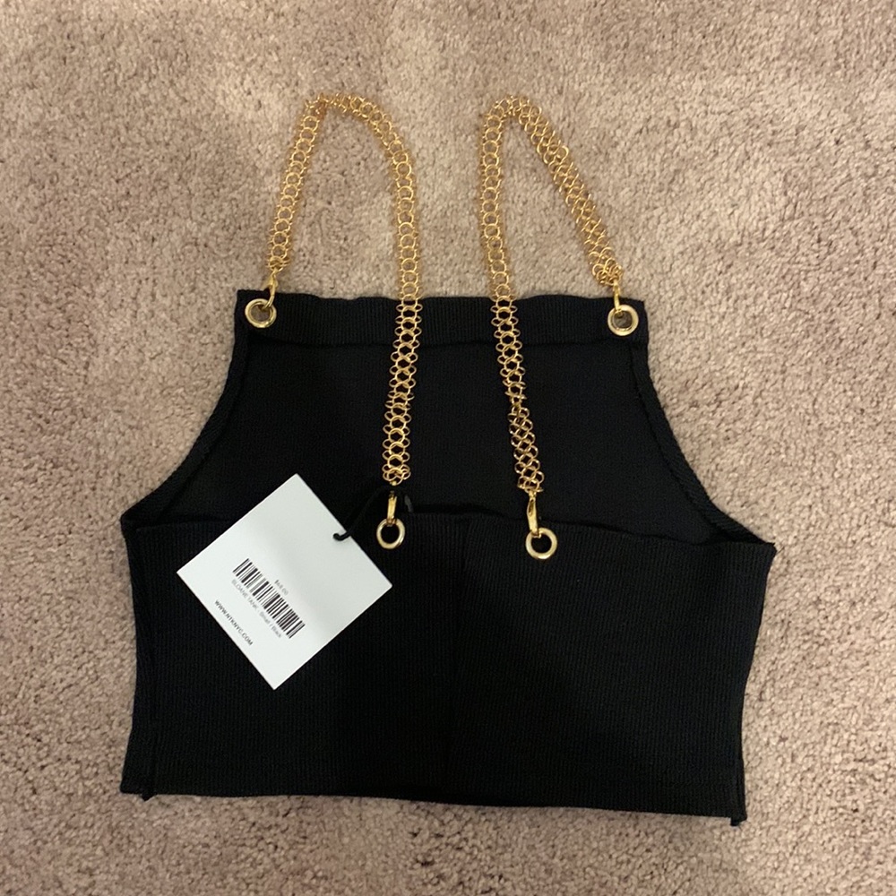 NTK Cropped Black Top with Gold Chain Straps